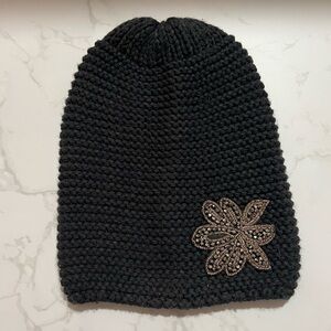 D&Y Knit Slouch Embellished Beaded Flower Beanie